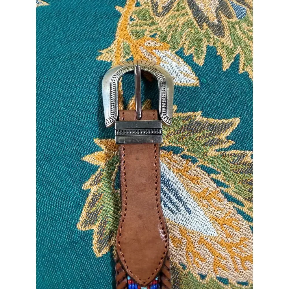 Vintage 90s Aztec southwestern beaded leather belt intricate silver buckle 30